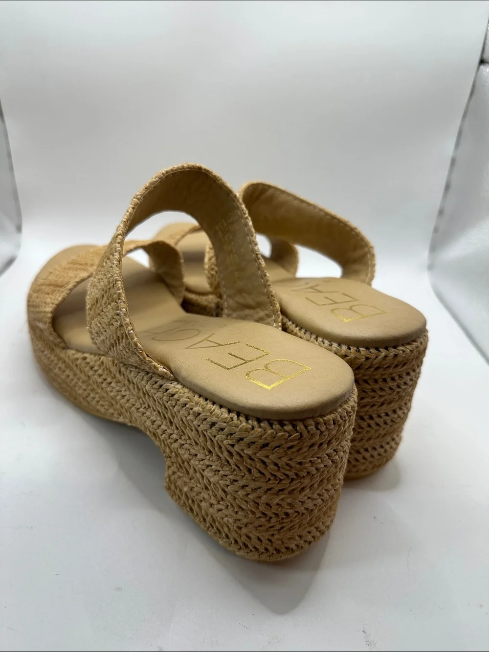 Woven Dual-Strap Platform Slides in Natural Tan size 10